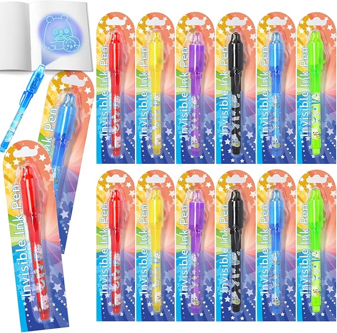 GIFTINBOX Invisible Ink Pen with UV Light for Kids, 12PCS Spy Pen Party Favors for Kids 8-12, Magic Marker for Secret Message, School Supplies Birthday Goody Bag Stuffers for Boys Girls