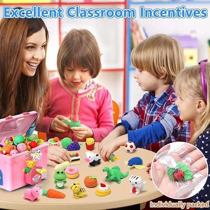 HINZER 100 Pack Animal Erasers for Kids Bulk Pull Apart 3D Puzzle Erasers Classroom Rewards and Prizes Class Treasure Box Kids Party Favors Back to School Supplies