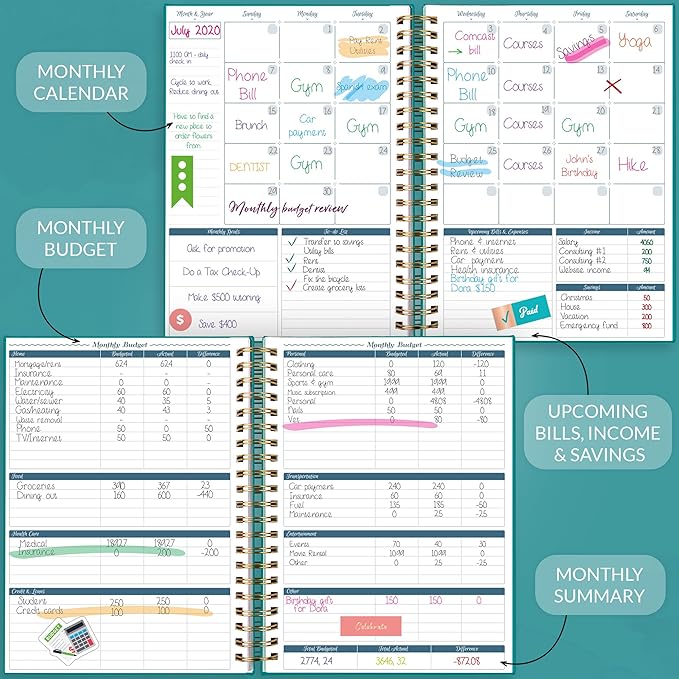 GoGirl Budget Planner & Monthly Bill Organizer – Monthly Financial Book with Pockets. Expense Tracker Notebook Journal, Large (Turquoise)