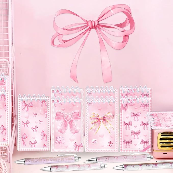 18 PCS Pink Bows Notebook Journal with Pen,Coquette Bow Pocket Notebook & Pen Set Include Ballpoint pen and Cute Small Notebook for Journaling Office Supplies