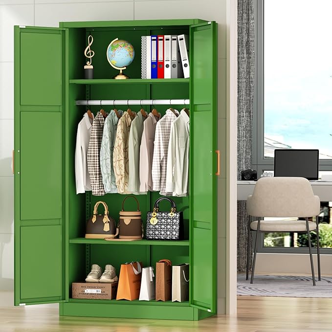 Greenvelly Metal Storage Wardrobe Cabinet with Lock, 71" Green Metal Wardrobe Closet for Hanging Clothes with Doors and Shelves, Modern Steel Clothes Closet for Home, Office and Bedroom, School,Gym