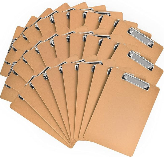 HappyHapi 28 Pack Clipboard 8.5 x 11 Letter Size Clip Boards Bulk, A4 Wooden Hardboard Office Clipboards Pack for Classroom, Work-Meetings, Brown
