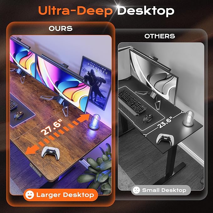 Huuger 63 x 28 Large Electric Standing Desk, Height Adjustable Computer Desk, 27.6" Deep Desktop, Stand up Gaming Office Table with 2 Hooks, 3 Preset Heights, for Home Office, Rustic Brown