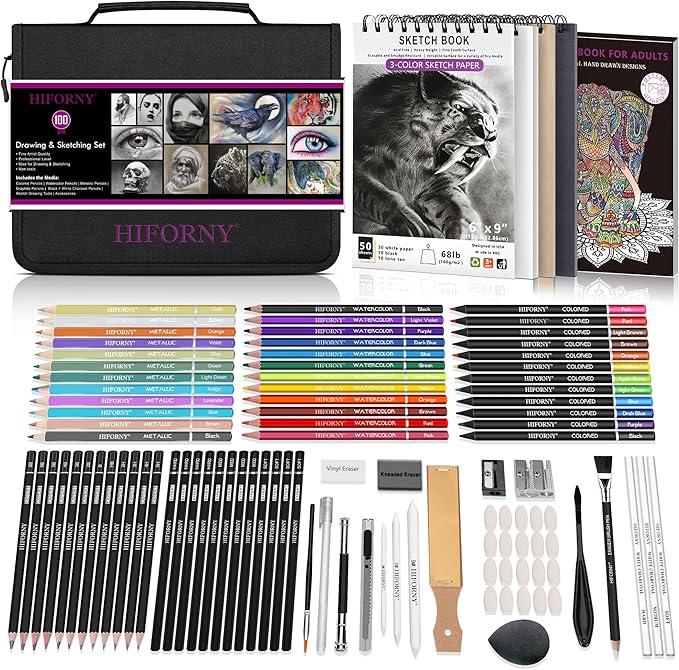 HIFORNY 100 PCS Drawing & Sketching Set, Professional Art Supplies with Graphite,Charcoal, Colored,Watercolor,Metallic Pencils,Blending Tools,Sketchbook and Coloring Book in Zipper Case (Black)