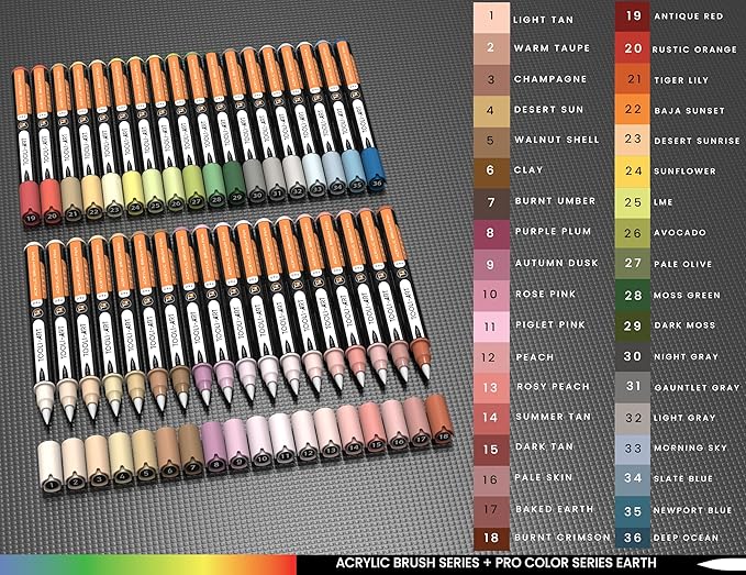 36 Flexible Brush Tip Earth Tones Acrylic Paint Pens Markers Set 1-7mm Line for Rock Painting, Brush Lettering, Glass, Mugs, Wood, Metal, Canvas, Fabric, Plastic. Non Toxic Waterbased Quick Drying