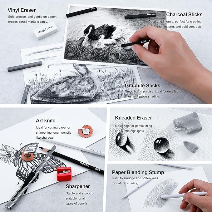 33 Piece Sketching Pencil Set - 5H to 14B Pencils, Charcoal Pencils, Charcoal Sticks,Graphite Sticks,Painting tools – drawing pencil set for Beginners, Artists, Students, Kids
