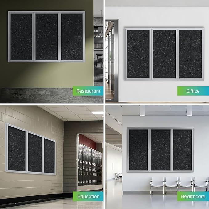 Ghent 48" x 96" 3-Door indoor Enclosed Recycled Rubber Bulletin Board, Shatter Resistant, with Lock, Satin Aluminum Frame,Confetti (PA34896TR-CF)-Made in USA