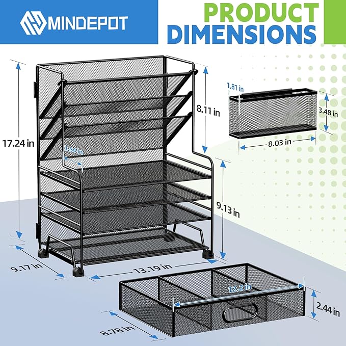 4-Tier Paper Organizer + 3-Pocket File Holder + Drawer + Pen Holders, Desktop File Organizers Paper Tray for Office Supplies School Classroom Organization (White, with Drawer & Pen Holder)
