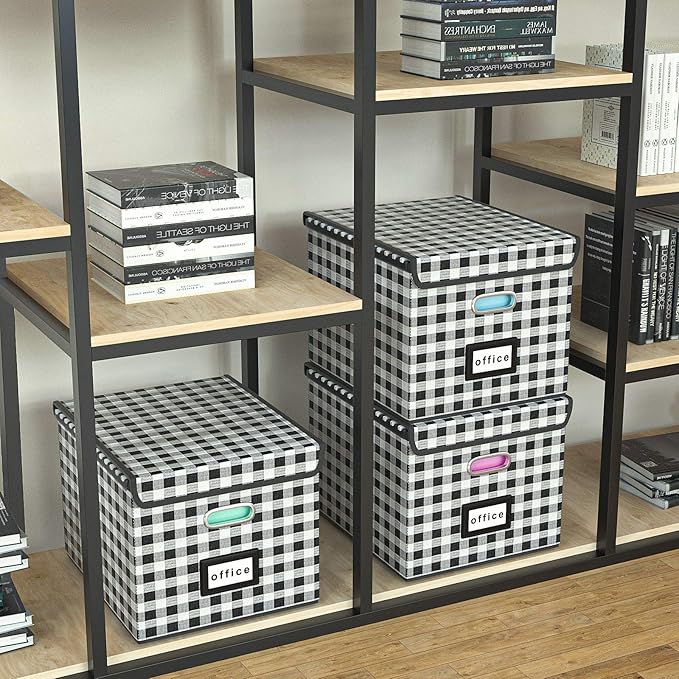 Huolewa Decorative Collapsible File Storage Organizer Boxes with Lids, Hanging Filing & Storage Boxes for Office/Decor/Home, Filing System for File and Folders Storag - (Black & White Lattice)