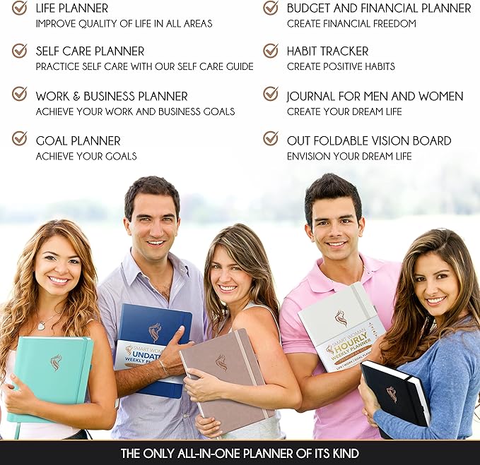 Hourly Planner - Undated Daily, Weekly & Monthly Planner with Budget Section | A 12 Month Journey to Increase Productivity & Happiness | Life Organizer & Gratitude Journal - Vertical Format