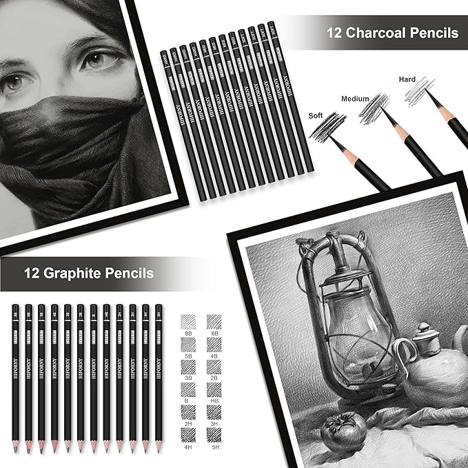 HIFORNY 176 PCS Art Supplies Drawing Set Sketching Kit with 100 Sheets 3-Color Sketchbook,Graphite Colored Charcoal Watercolor & Metallic Pencils,Blending Tools and More, for Beginner Artists
