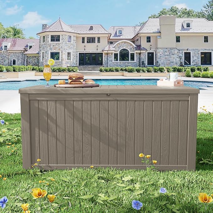 200 Gallon Resin Deck Box, Waterproof Outdoor Storage Bin for Patio Furniture, Pool Accessories, and Garden Tools, Lockable & UV-Resistant, Grey