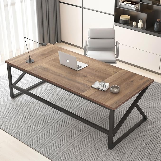 HSH Large Home Office Desk, Modern Wood Metal Computer Desk for Two Person, Extra Long Executive Writing Study Gaming Double Desk Workstation, 70 Inch Rustic Bedroom Living Room Table for 2 Monitors