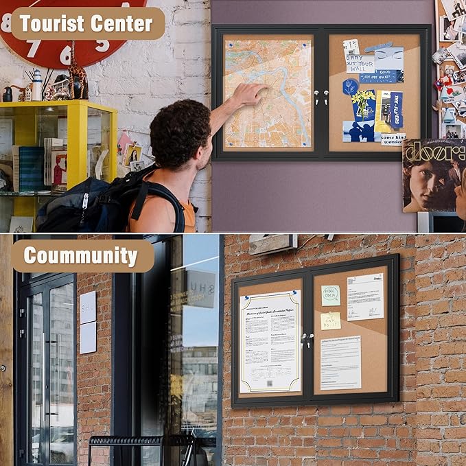 48"x30" Enclosed Bulletin Board, Outdoor Lockable Weather-Resistant Aluminum Cork Noticeboard for School & Office, Silver Frame w/Black Flet