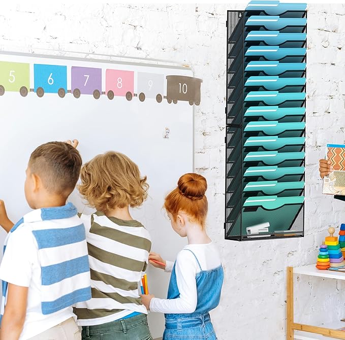 15-Tier Wall File Organizer Hanging Wall File Holder Wall Mount Paper Folder Organize, Mesh Magazine Document Mail Organizer Wall Organizer for Office School Home, Black