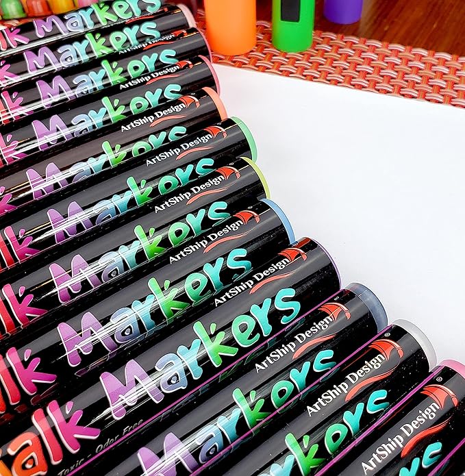 18 Neon Chalk Markers - Double Pack of Fine and Medium Tip Liquid Chalk Pens - Wet Erasable for Menu Boards, Glass, Windows, Whiteboards, Classrooms, Mirrors, Plastic
