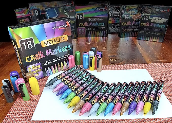 18 Metallic Chalk Markers - Double Pack of Both Fine and Reversible Medium Tip Liquid Chalk Pens - Wet Erasable - Menu Boards, Glass, Windows, White Boards, Classrooms, Mirrors, Plastic