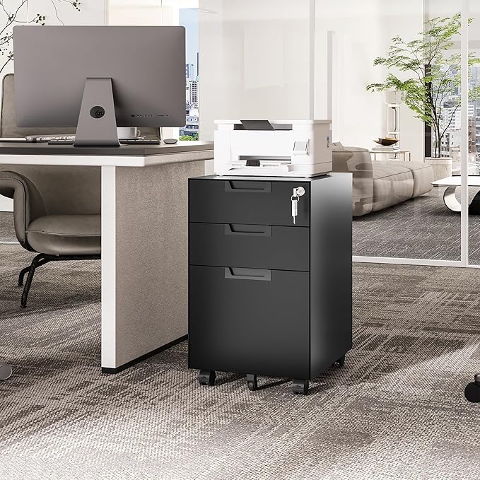3 Drawer Vertical File Cabinet, Mobile Filling Cabinets with Lock for Legal/Letter Size, Pre-Built Office Storage File Cabinet with Wheels Under Desk - Fully Assembled