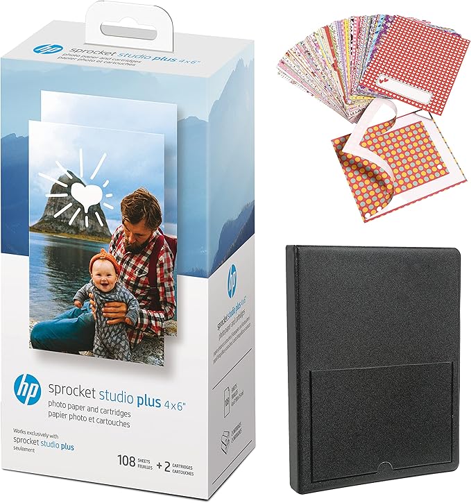 HP Sprocket Studio Plus 4 x 6” Photo Paper and Cartridges Starter Bundle: Includes 108 Sheets and 2 Cartridges, Sticker Frames, Photo Album