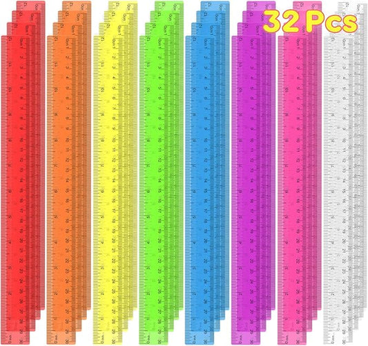 32 Pcs Clear Plastic Ruler 12 Inch, Rulers Bulk for Classroom, Transparent Assorted Color Bulk Rulers with Millimeter and Inches, Kids Ruler for School, Ideal Back to School Office Home Supplies