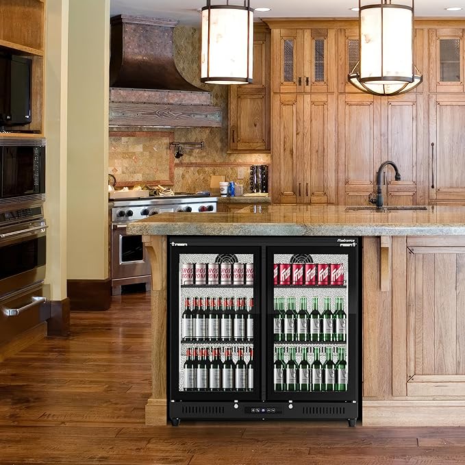 36 inch 206 cans Duo Hinged Door Back Bar Beverage Cooler, 6.75 cu. ft. Under Counter Glass Door Bar Fridge with hinged doors, lockable, 32-50°F Display Refrigerator, ETL Certified, Black