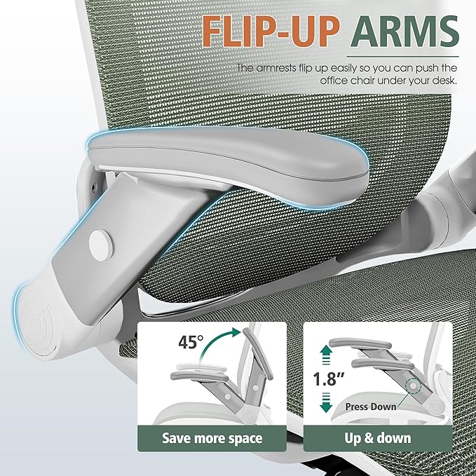 GABRYLLY Ergonomic Office Chair, High Back Home Desk Chair with Headrest, Flip-Up Arms, 90-120° Tilt Lock and Wide Cushion, 400LBS Mesh Chairs for Man Woman, White Task Chair(Olive Green,GY01WOG)