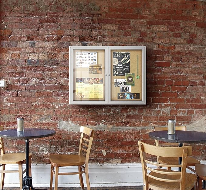 Ghent 36" x 72" 3-Door Indoor Enclosed Bulletin Board with Lock, Cork Material, Shatter Resistant Acrylic Panels, Made in the USA, Satin Aluminum Frame